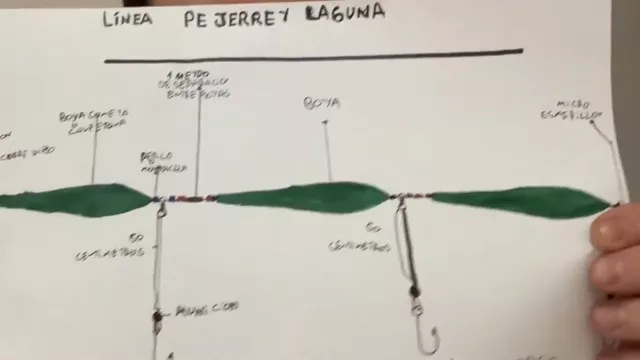 Dibujo a mano de la línea de pejerrey para laguna, con las boyas verdes y los anzuelos